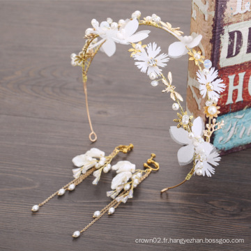 Casque de fleur en or cristal de feuille de mariée nuptiale